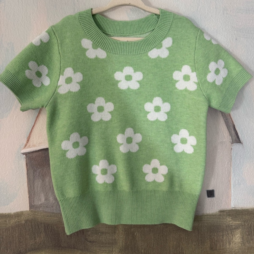 NIK & LEKSI Green Daisy Flower Short Sleeved Knit Sweater Shirt Size 5/6